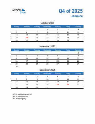 Jamaica Quarter 4  2025 calendar template