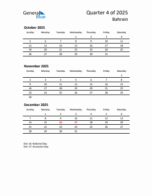 Bahrain Quarter 4  2025 calendar template