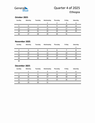 Ethiopia Quarter 4  2025 calendar template