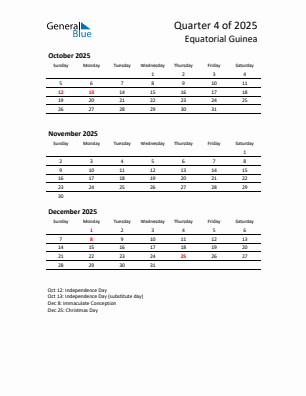Equatorial Guinea Quarter 4  2025 calendar template