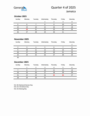 Jamaica Quarter 4  2025 calendar template
