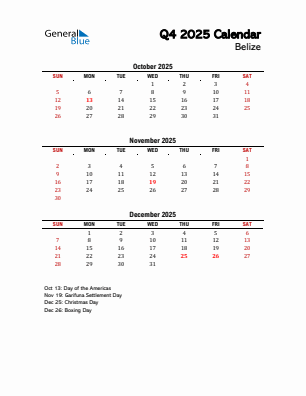 Belize Quarter 4  2025 calendar template