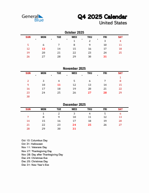 United States Quarter 4  2025 calendar template