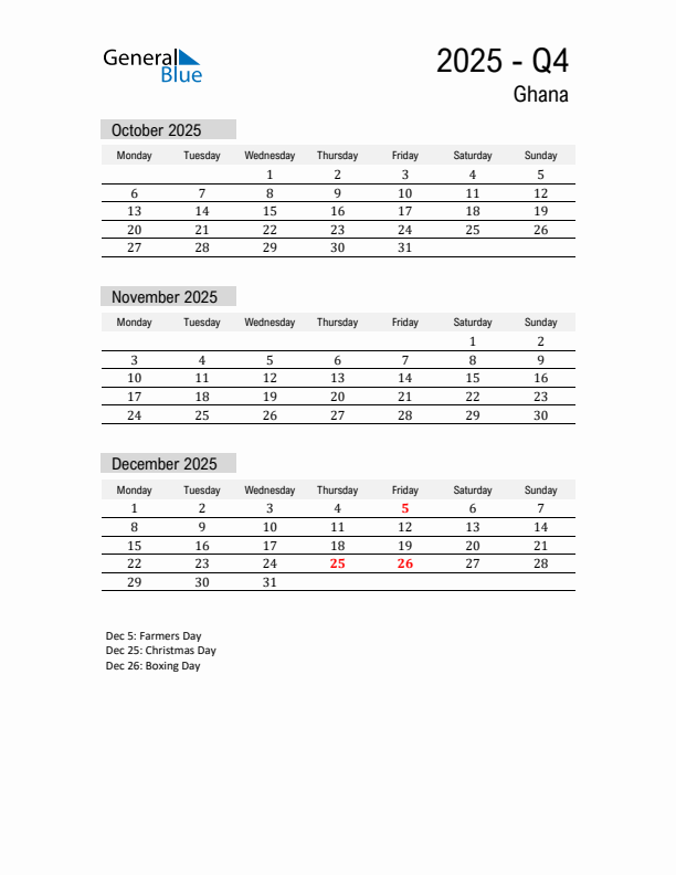 Ghana Quarter 4 2025 Calendar with Holidays - Monday Start