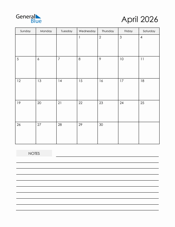 Printable Calendar with Notes - April 2026