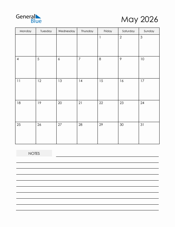 Printable Calendar with Notes - May 2026