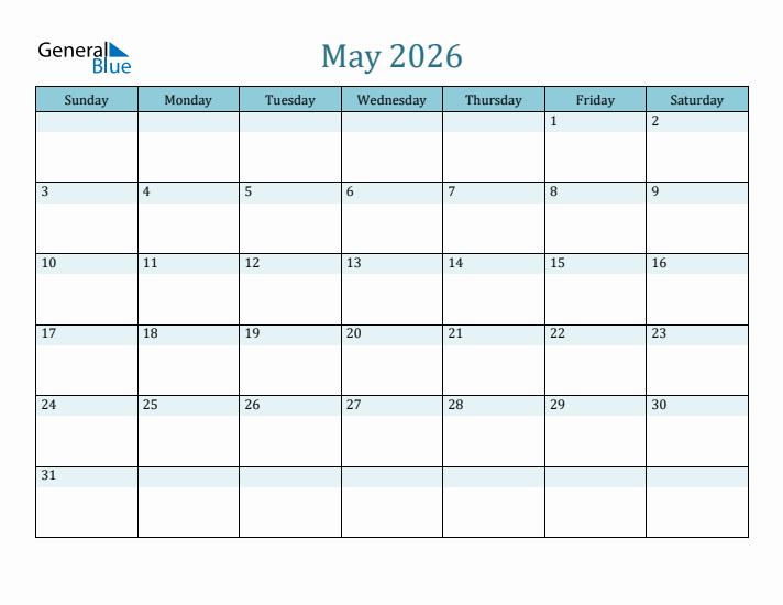 May 2026 Monthly Calendar Template