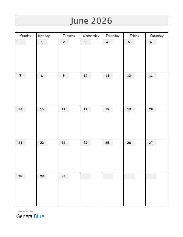 Blank June 2026 Calendar