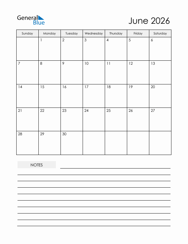 Printable Calendar with Notes - June 2026