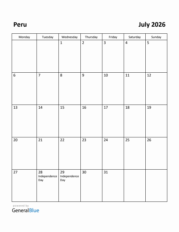 July 2026 Calendar with Peru Holidays