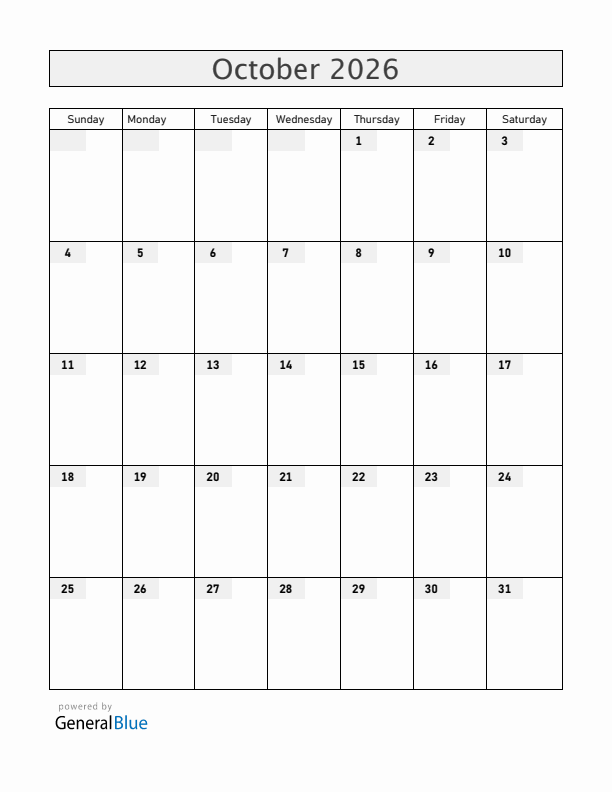 Blank October 2026 Calendar