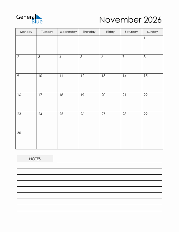 Printable Calendar with Notes - November 2026