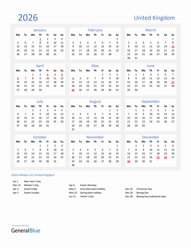 Basic Yearly Calendar with Holidays in United Kingdom for 2026