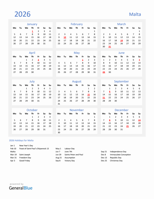 Basic Yearly Calendar with Holidays in Malta for 2026
