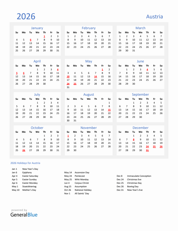 Basic Yearly Calendar with Holidays in Austria for 2026