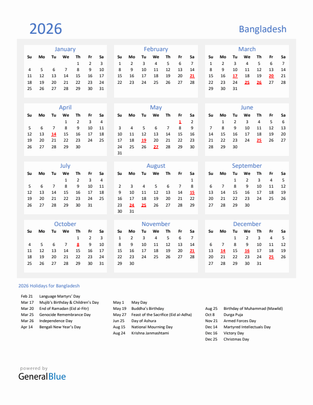 Basic Yearly Calendar with Holidays in Bangladesh for 2026