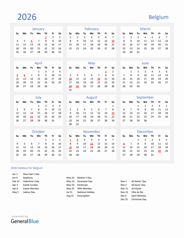 Basic Yearly Calendar with Holidays in Belgium for 2026