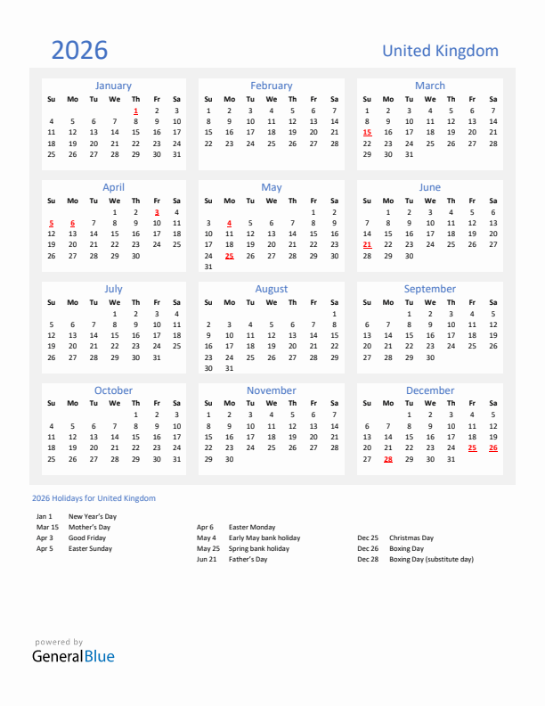 Basic Yearly Calendar with Holidays in United Kingdom for 2026
