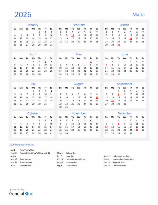 Basic Yearly Calendar with Holidays in Malta for 2026