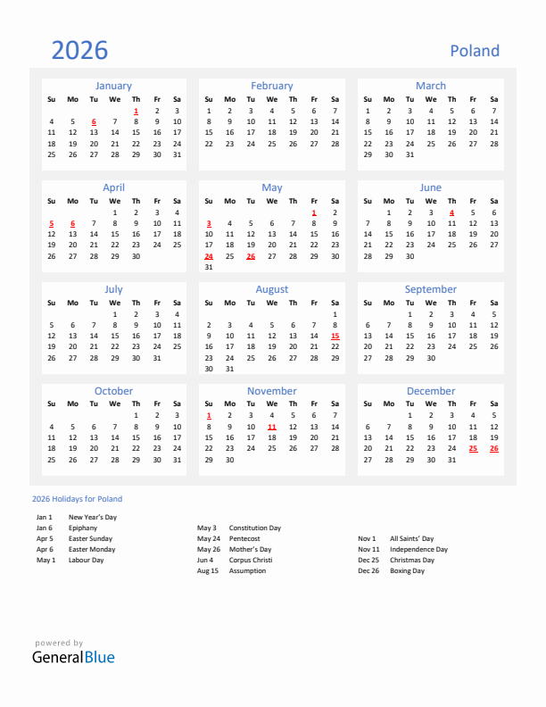 Basic Yearly Calendar with Holidays in Poland for 2026