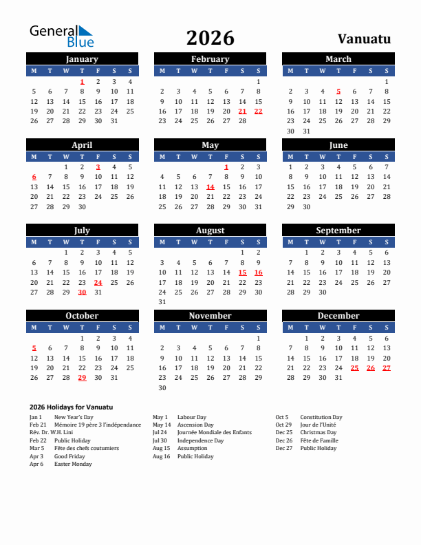 Standard Holiday Calendar for 2026 with Vanuatu Holidays - Monday Start