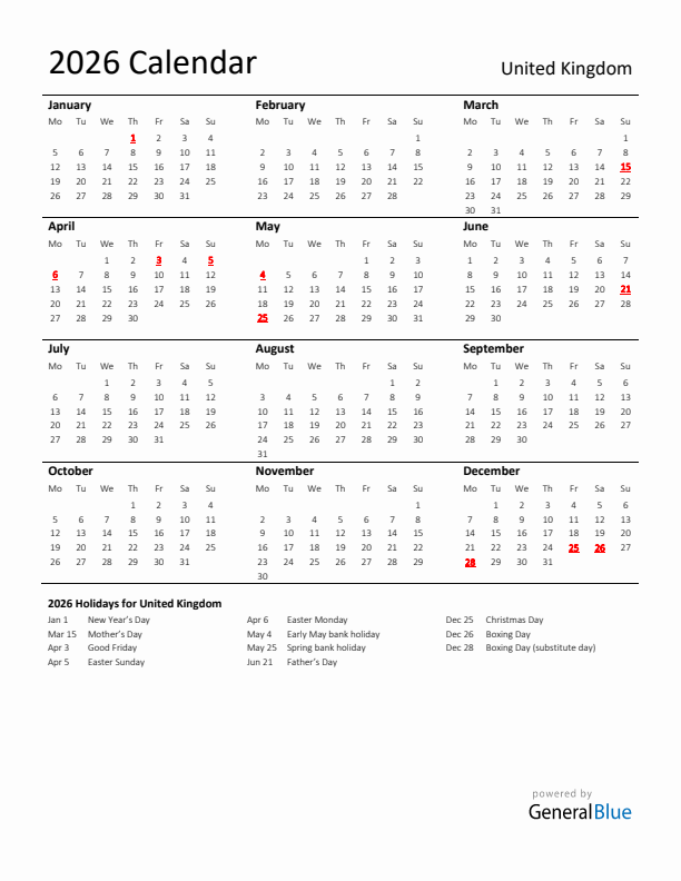 Standard Holiday Calendar for 2026 with United Kingdom Holidays