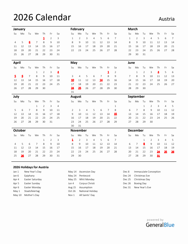 Standard Holiday Calendar for 2026 with Austria Holidays