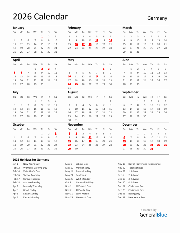 Standard Holiday Calendar for 2026 with Germany Holidays