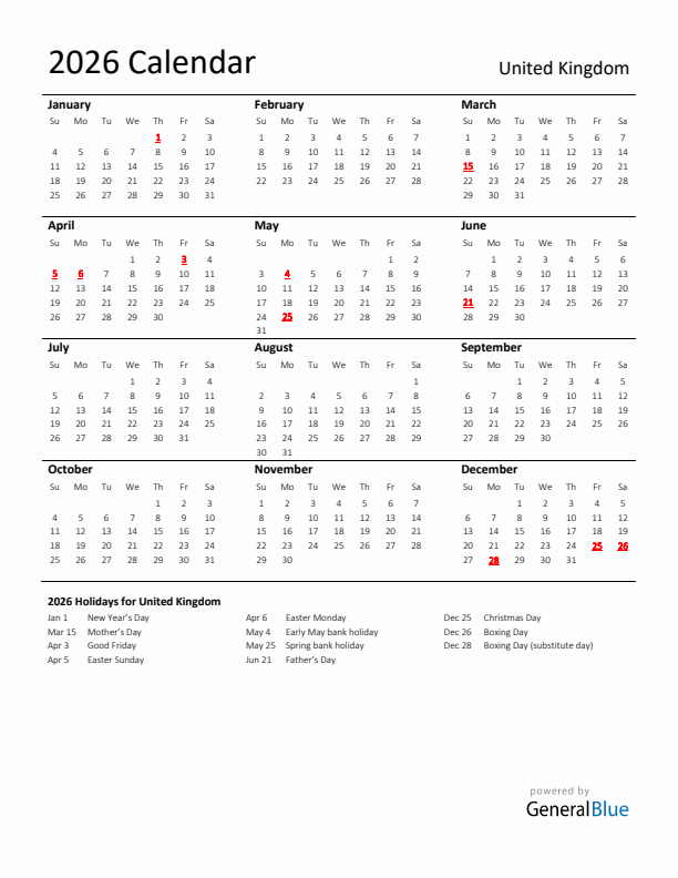 Standard Holiday Calendar for 2026 with United Kingdom Holidays