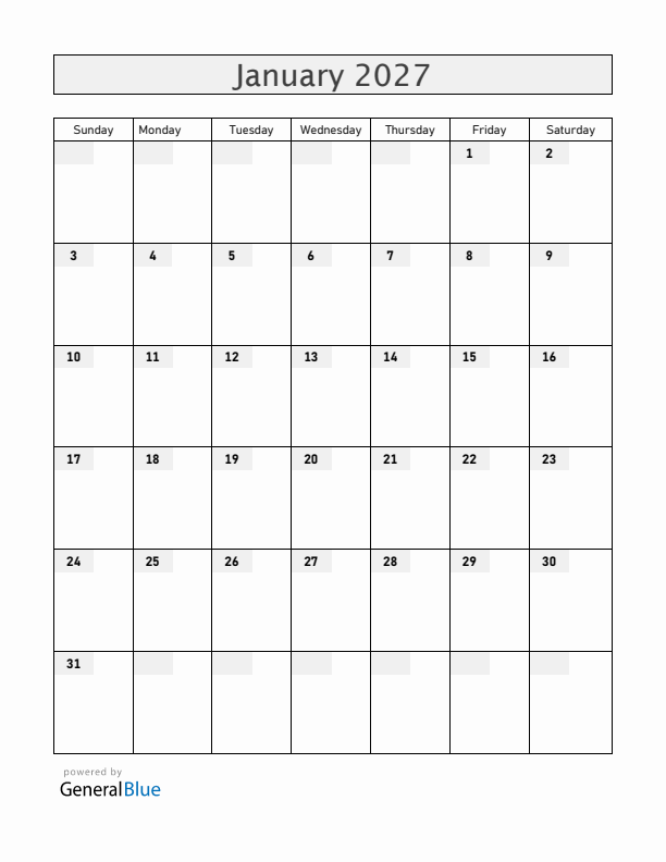 Blank January 2027 Calendar