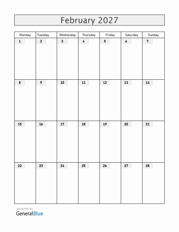 Blank February 2027 Calendar