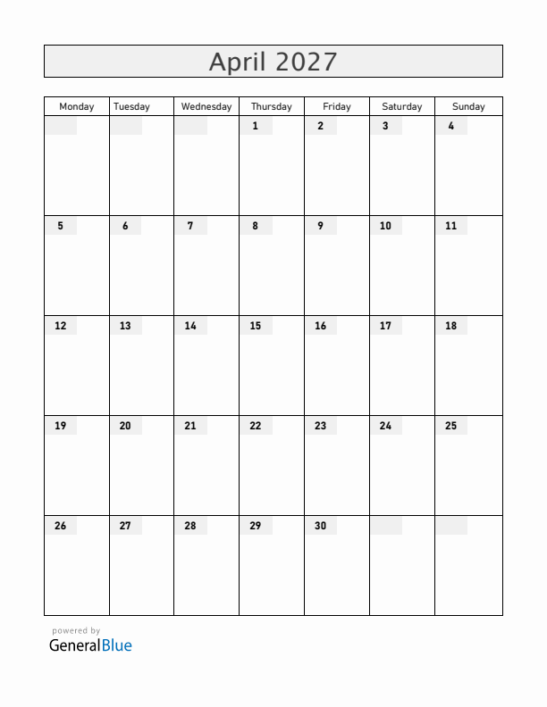 Blank April 2027 Calendar