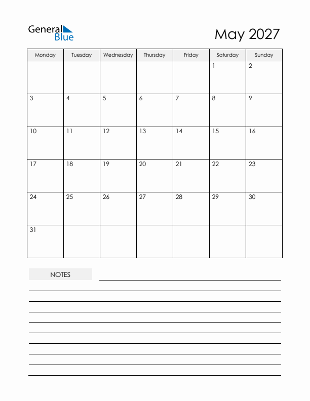 Printable Calendar with Notes - May 2027