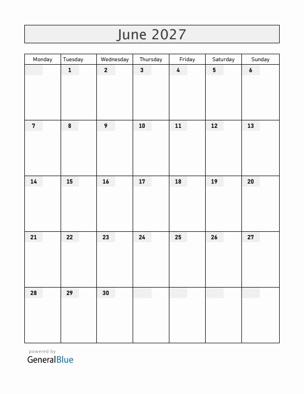 Blank June 2027 Calendar