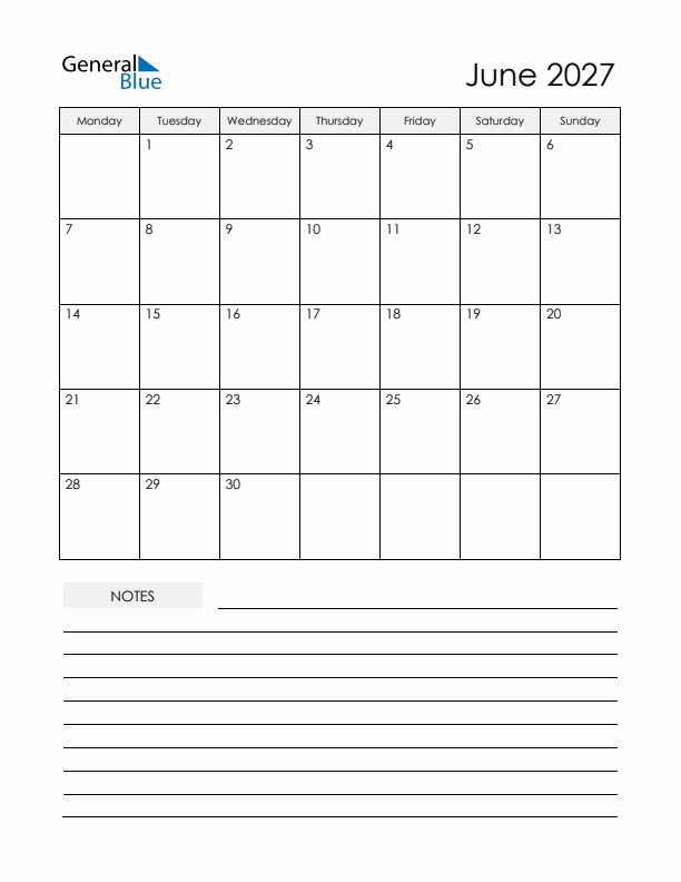 Printable Calendar with Notes - June 2027