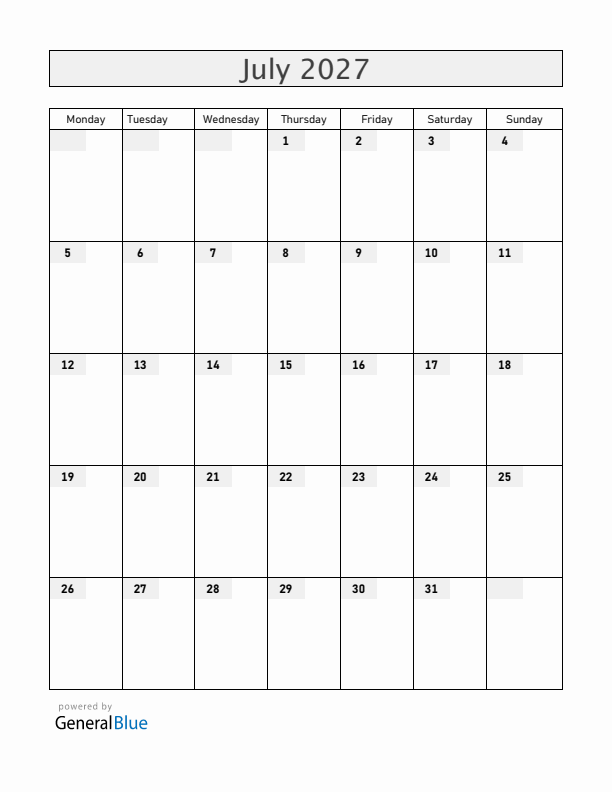 Blank July 2027 Calendar