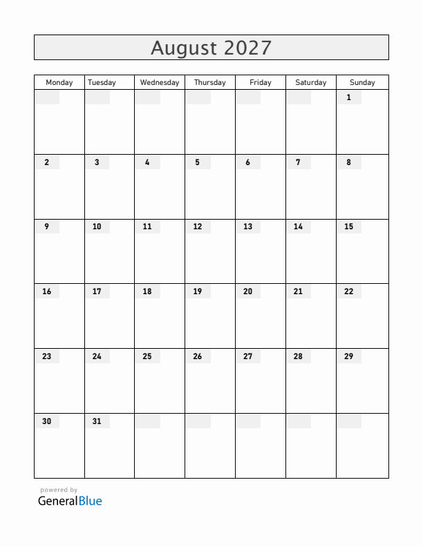 Blank August 2027 Calendar
