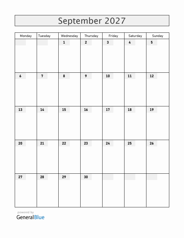 Blank September 2027 Calendar