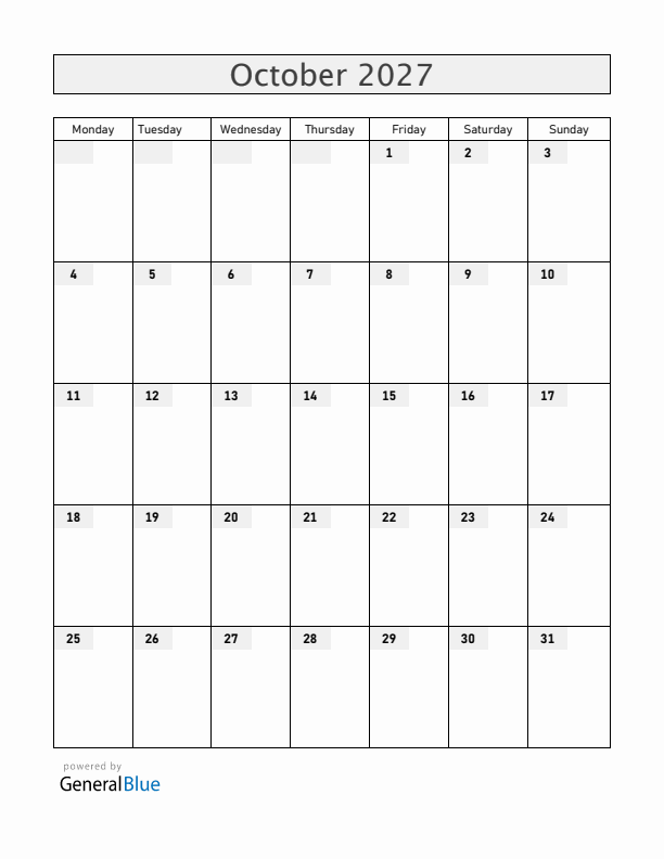Blank October 2027 Calendar