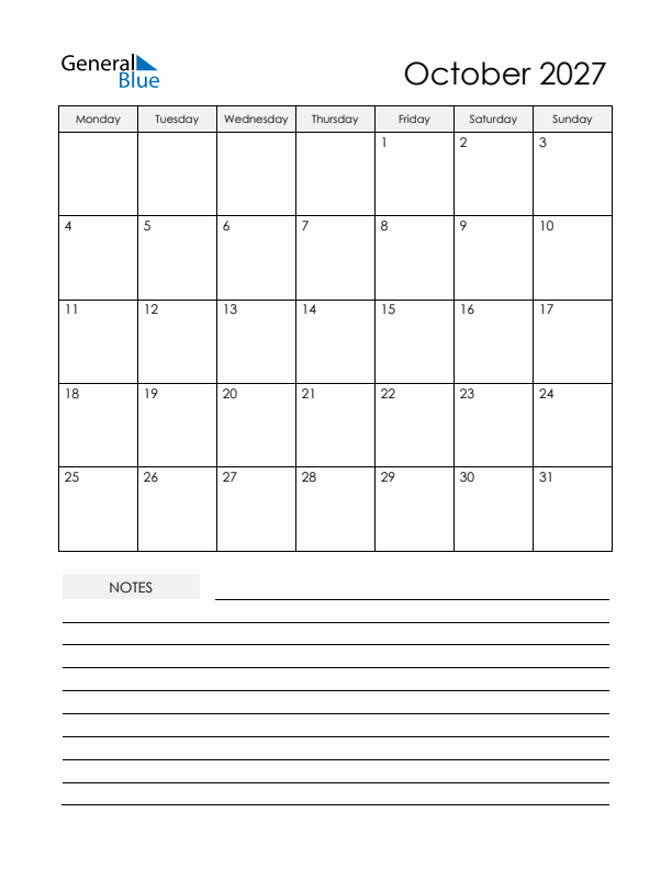Printable Calendar with Notes - October 2027