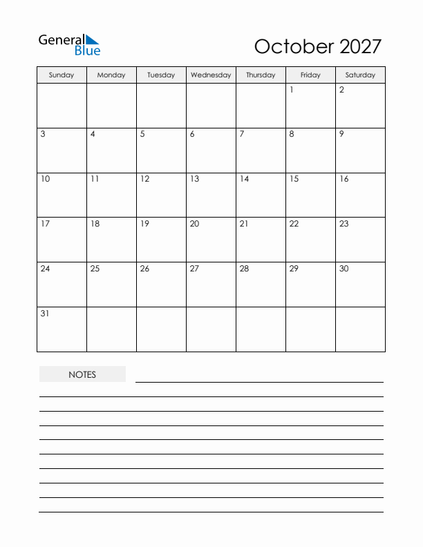 Printable Calendar with Notes - October 2027