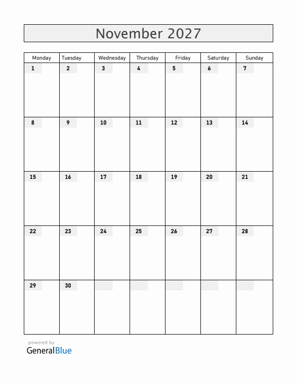 Blank November 2027 Calendar