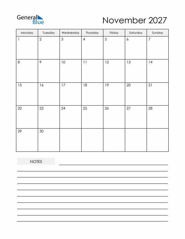 Printable Calendar with Notes - November 2027