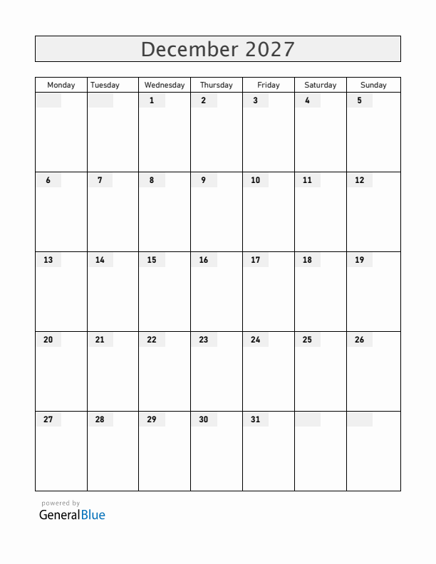 Blank December 2027 Calendar