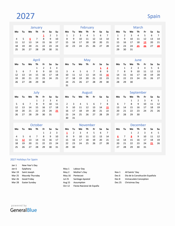 Basic Yearly Calendar with Holidays in Spain for 2027