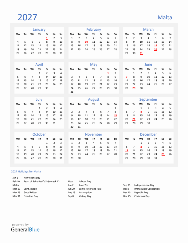 Basic Yearly Calendar with Holidays in Malta for 2027