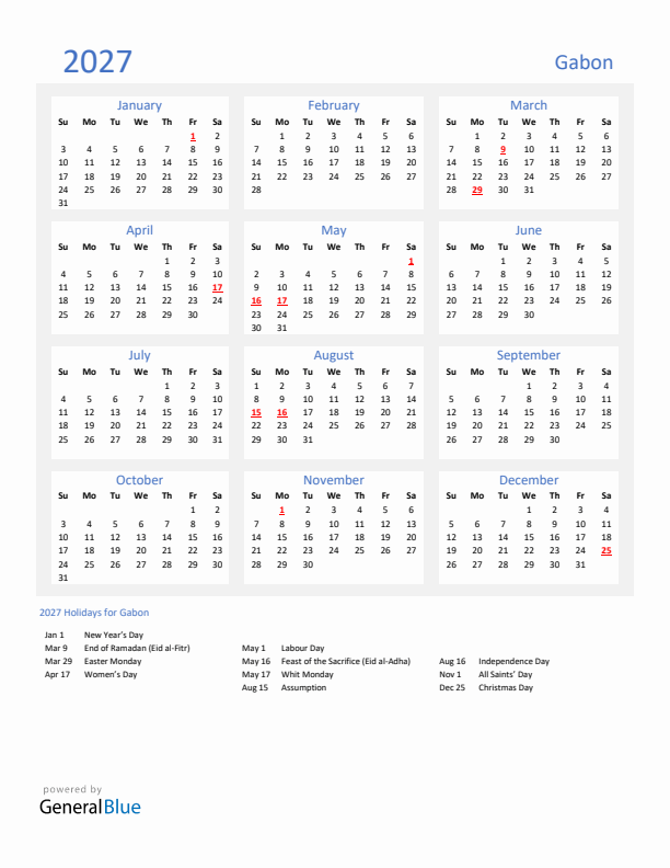 Basic Yearly Calendar with Holidays in Gabon for 2027