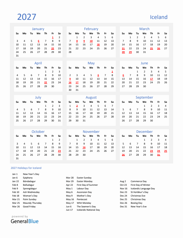 Basic Yearly Calendar with Holidays in Iceland for 2027