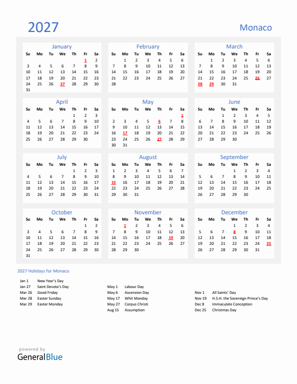 Basic Yearly Calendar with Holidays in Monaco for 2027