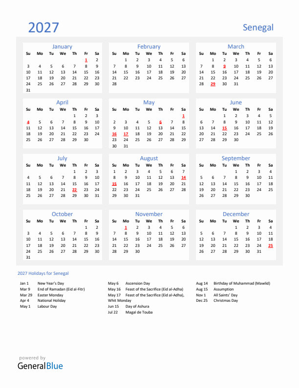 2027 Calendar with Holidays for Senegal